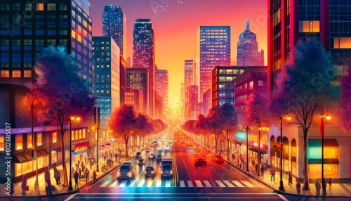 A vibrant cityscape at sunset in a 16_9 ratio.