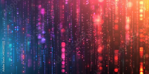 Colorful digital rain of glowing particles with vibrant red, blue, and purple lights on a dark background