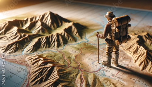 A detailed figurine of a hiker is positioned on a topographic map, emphasizing the trails and changes in elevation they are 'exploring'. photo