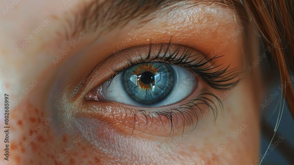 Fototapeta premium Close-up shot of woman's eye engaged in scanning process, futuristic biometric technology concept, detailed eye examination, digital eye scan, high-tech medical diagnosis, eye scanning close-up view