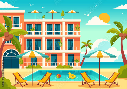Hotel Vector Illustration of interior and exterior with building on green grass, beach and promenade street and palm trees in Flat Cartoon Background