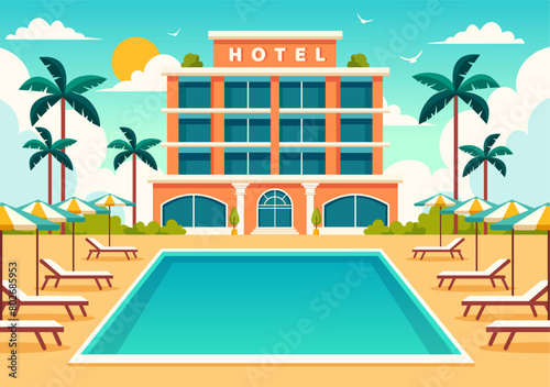 Hotel Vector Illustration of interior and exterior with building on green grass, beach and promenade street and palm trees in Flat Cartoon Background