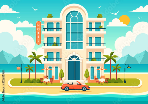 Hotel Vector Illustration of interior and exterior with building on green grass, beach and promenade street and palm trees in Flat Cartoon Background
