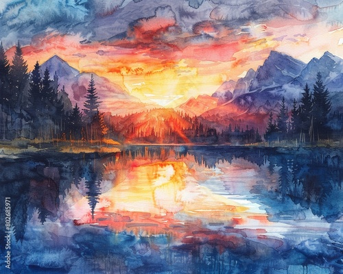 A watercolor painting of a mountain lake at sunrise, with colorful skies and peaceful nature elements in the background