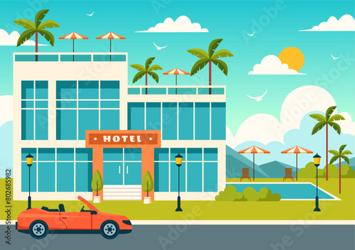 Hotel Vector Illustration of interior and exterior with building on green grass, beach and promenade street and palm trees in Flat Cartoon Background