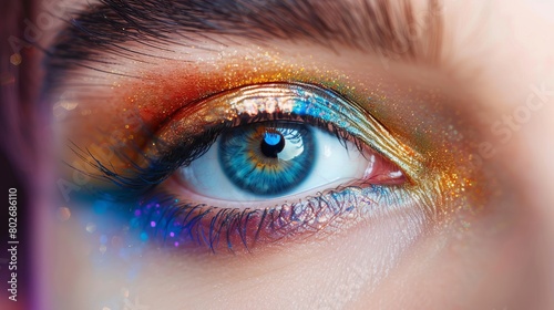 Vibrant multicolored fashion makeup close-up: detailed view of a woman's eye with bold eye shadow and eyeliner - beauty and fashion concept