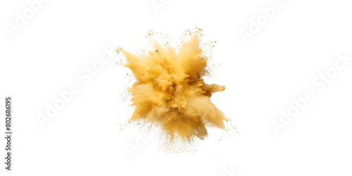 A cloud of sand yellow powder explodes in isolation on a white background 