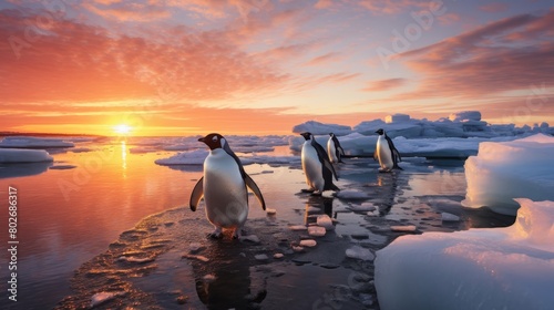 Icy shore, penguin waddle, cold days march photo