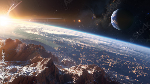 Illustrate a scene showcasing humans colonizing distant exoplanets using terraforming technology photo