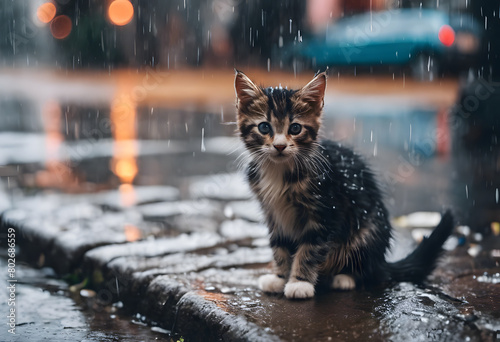 A small kitten with wet fur sits on a rainy street, looking directly at the camera with a poignant expression. International Cat Day.