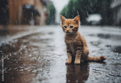 A small orange kitten sits on a wet street under the rain, looking curiously at the camera, with blurred city background. International Cat Day.