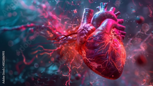 3D rendering image depicting the pathophysiology of heart failure, including decreased cardiac output, fluid retention, and myocardial remodeling