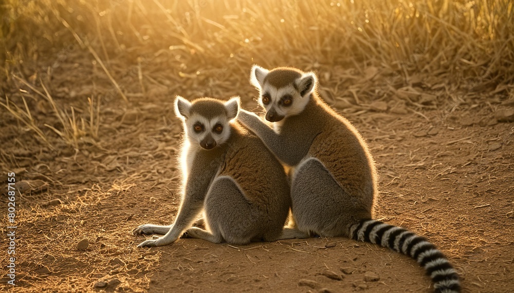 Naklejka premium Playful Ring-Tailed Lemurs Greeting the Day: A Captivating Wildlife Scene