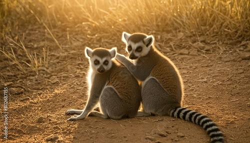 Playful Ring-Tailed Lemurs Greeting the Day: A Captivating Wildlife Scene photo