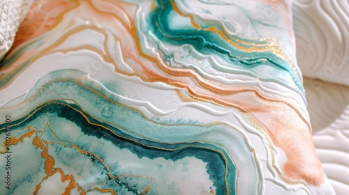 A geode print pillow featuring soft pastel swirls of teal blush and peach against a white background..