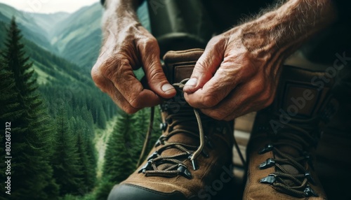 A close-up of weathered hands tying the laces of hiking boots, with a blurred forest background suggesting an adventure in nature. photo