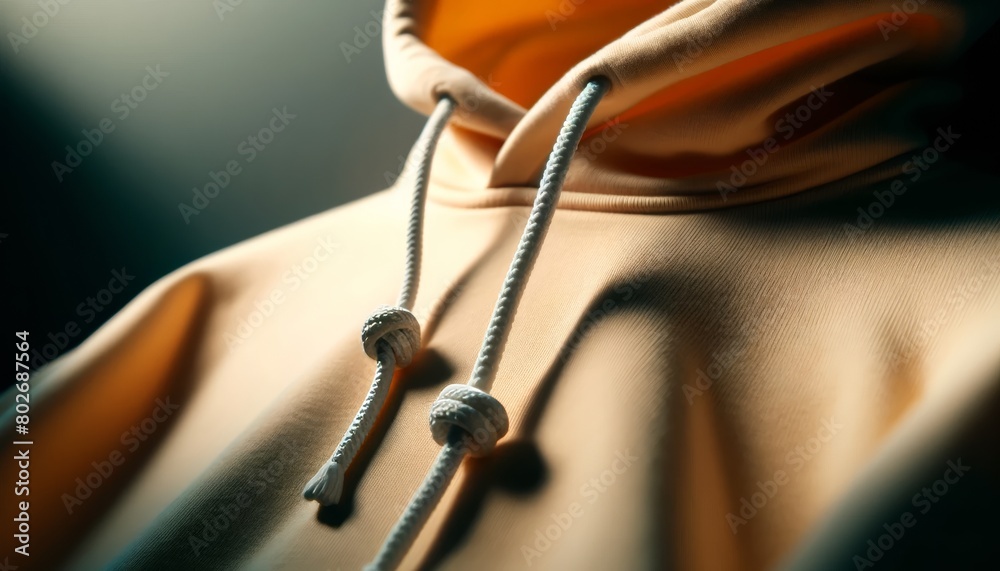 A close-up shot of a pastel-colored hoodie, focusing on its drawstrings.