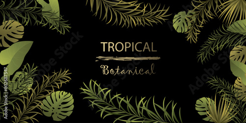 Vector horizontal banner with gold  silver and black tropical leaves on dark background. Luxury exotic botanical design for cosmetics  spa  perfume  health care products  wedding. Best as web banner