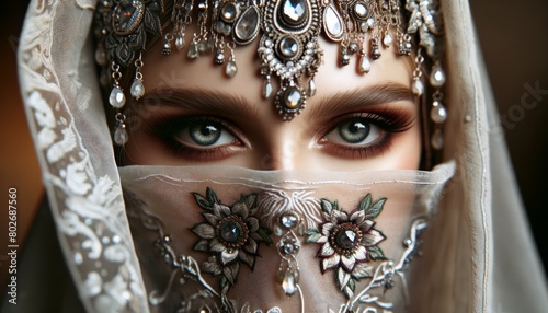 A close-up portrait of a woman adorned with traditional jewelry and a headpiece, her face partially veiled by a transparent fabric with delicate embro.