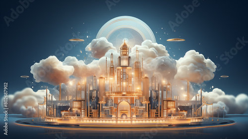 futuristic 3d illustration of cloud computing for future city in art deco style