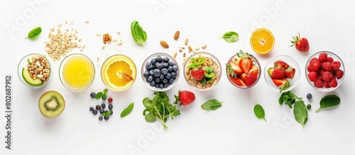 Healthy food concept with breakfast items including muesli, strawberry salad, fresh fruit, orange juice, and nuts laid out on a white background in a flat lay, top view style.