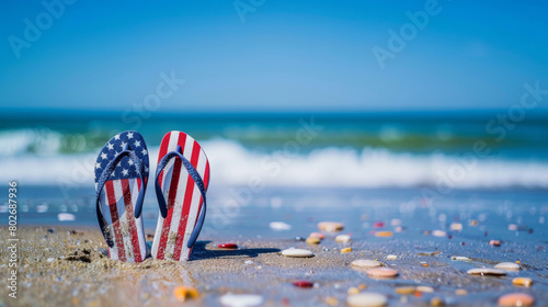 American flag flip flops on sandy beach with seashells