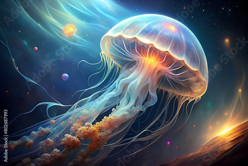 Artistic Rendering of a Jelly-Like Creature Floating in Space