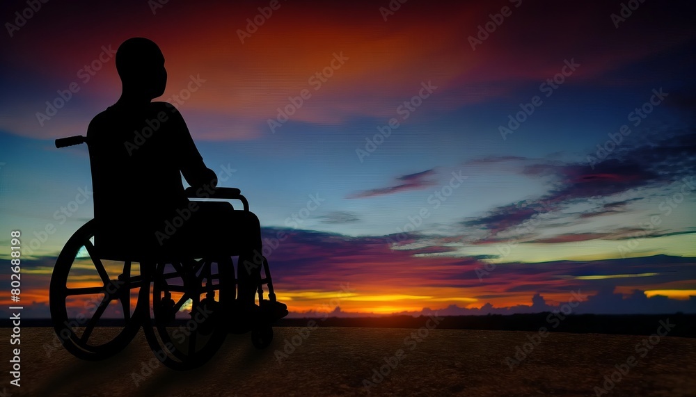 The silhouette of a person in a wheelchair on a hilltop, their head turned towards a sky painted with the colors of the sunset. The silhouette of a person in a wheelchair on a hilltop, their head turned towards a sky painted with the colors of the sunset.