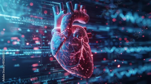 3D rendering image showcasing cutting-edge research and scientific advancements in the field of cardiovascular medicine, including novel therapies, biomarkers, and genetic studies photo