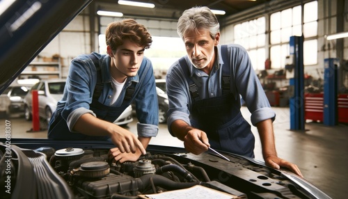An experienced mechanic teaching a younger apprentice by pointing at a crucial part under the hood of a car in a well-lit, spacious garage. photo