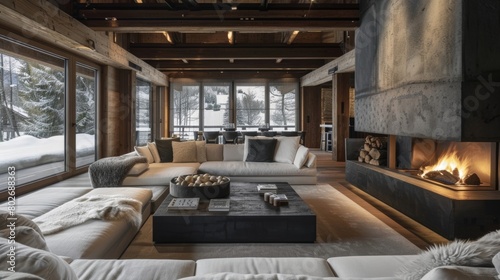 The sunken living room with its central fire exudes sophistication and elegance with a touch of rustic charm. 2d flat cartoon.