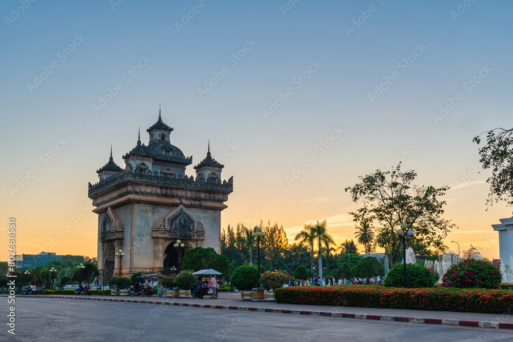 Vientiane Laos, sunset city skyline at Patuxai (Patuxay) the most famous landmark in Vientiane