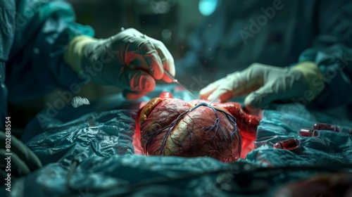 3D rendering image showcasing different types of heart surgeries and procedures, including bypass surgery, valve replacement, and angioplasty photo