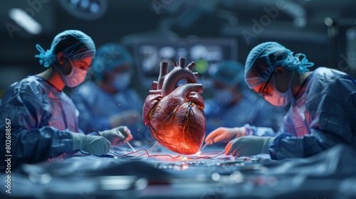 3D rendering image showcasing different types of heart surgeries and procedures, including bypass surgery, valve replacement, and angioplasty photo