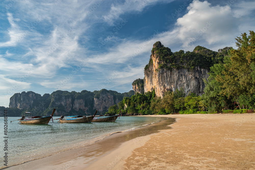 Tropical islands view with ocean blue sea water and white sand beach at Railay Beach, Krabi Thailand nature landscape