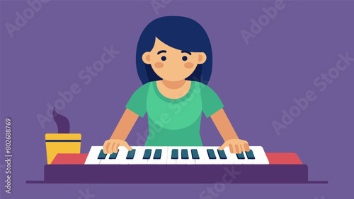 A nonverbal teenager with Down syndrome stands in front of a keyboard her fingers gently gliding over the keys as she finds her own rhythm and melody. Vector illustration