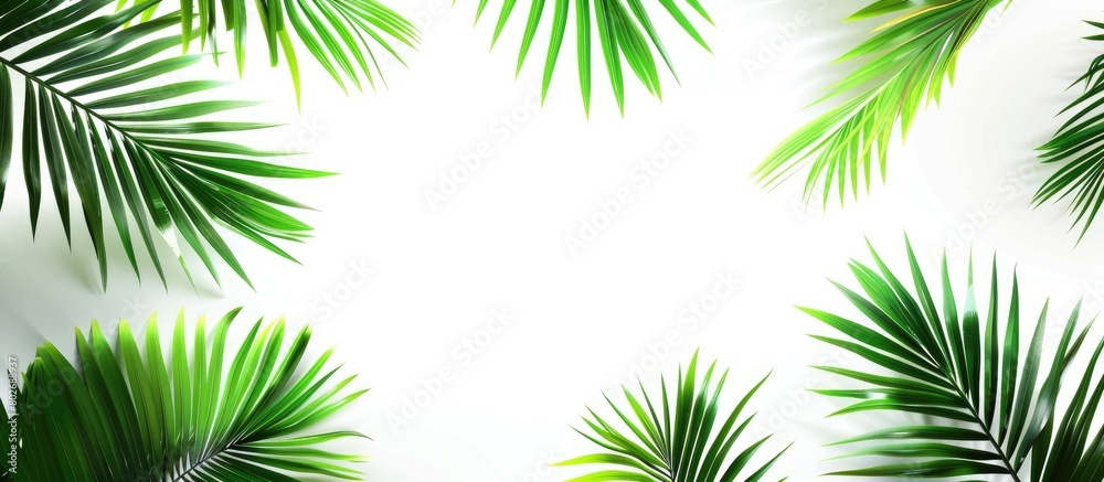Summer vacation, paradise, travel. Sandy beach, tropical shore, ocean coast. Palm leaves against a white backdrop. Simple summer theme. Artistic design for a banner or poster with empty space for text