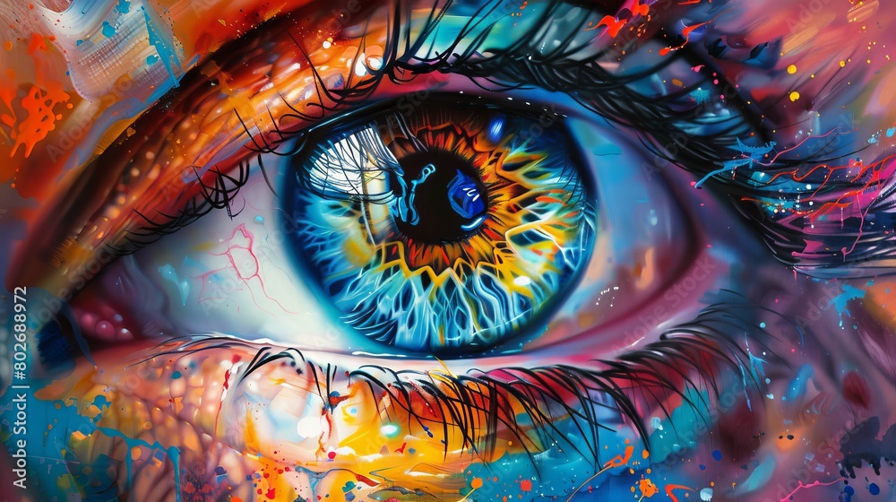Obraz premium Vibrant eye art: delicately painted in mesmerizing array of colors - abstract eye painting, colorful artwork, creative eye design - vector illustration