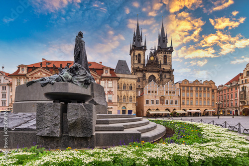 Prague Czech Republic, city skyline at Jan Hus monument statue Prague old town square, Czechia photo