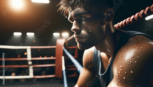 A boxer resting on the ropes of the ring, sweat glistening on their skin, deep in thought after a match. photo