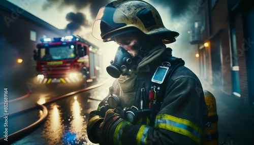 A firefighter in gear, taking a moment of respite against the backdrop of a fire engine and the haze of smoke. photo