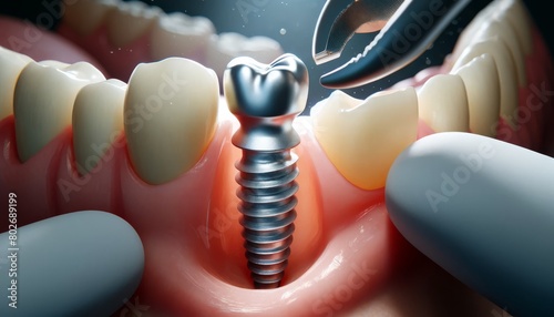 A close-up view of a dental implant being placed in the jawbone, with a detailed view of the screw-like implant. photo