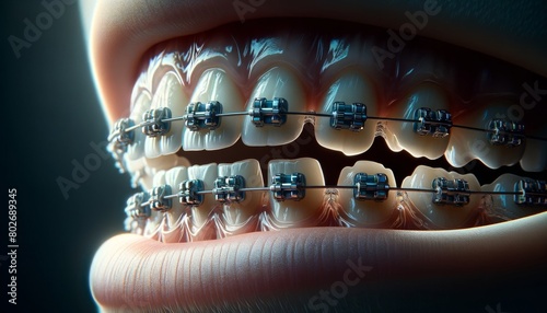 A macro shot of a mouth mid-treatment with braces, showing the gradual alignment of the teeth. photo