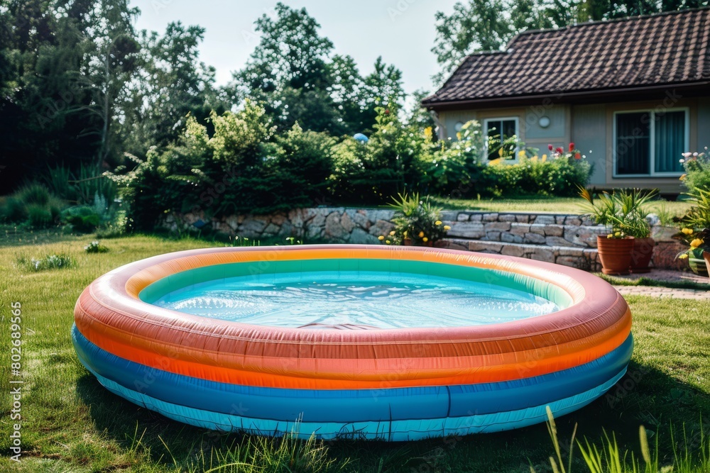 A children's inflatable pool in the backyard, summer fun.