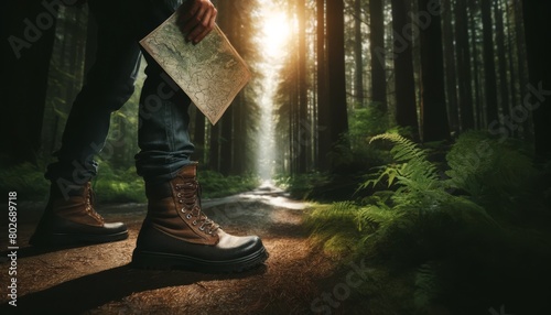 An image of a traveler's booted feet, one foot stepping forward on a dirt road within a dense forest. photo