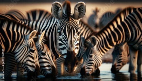 A herd of zebras at a waterhole with one zebra s striped face captured in detail  looking at the viewer.