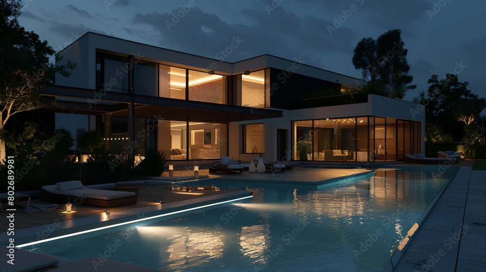 Modern villa with pool, night scene,Design house - modern villa with open plan living and private bedroom wing. Large terrace with privacy and, swimming pool,Modern country house, architecture
