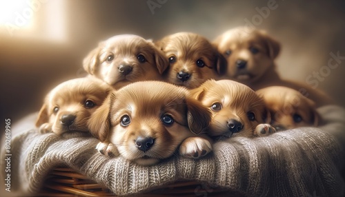 Several puppies snuggled up together, with one puppy’s curious eyes gazing into the camera. photo