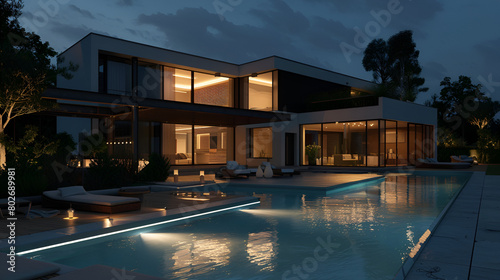 Modern villa with pool, night scene,Design house - modern villa with open plan living and private bedroom wing. Large terrace with privacy and, swimming pool,Modern country house, architecture 