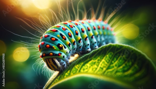 A macro shot of a colorful caterpillar on a leaf, highlighting its detailed patterns and textures. photo
